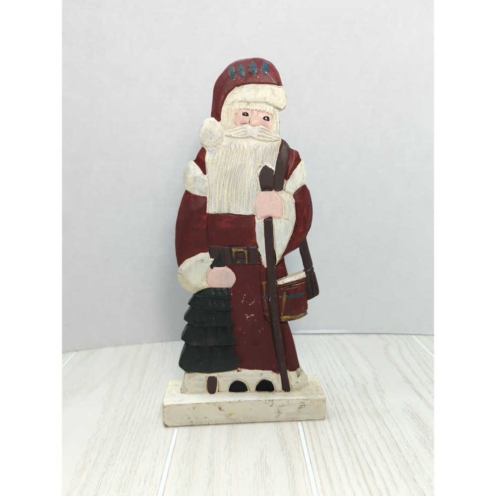 Santa Wooden Carved wood primitive folk art on base w/ tree staff drum